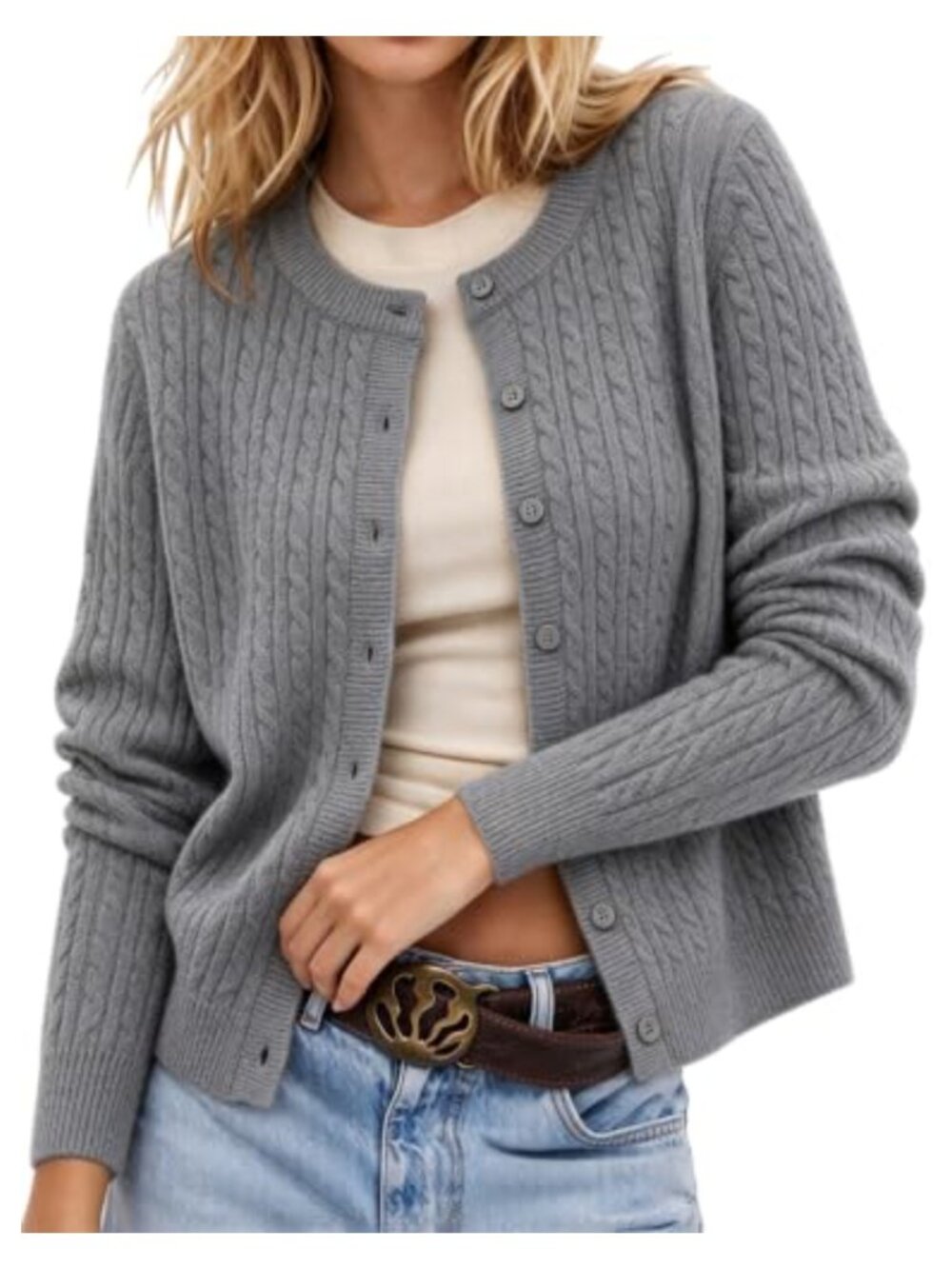 Wool Blend Cable Knit Cardigan Sweater Button Front Crew Neck